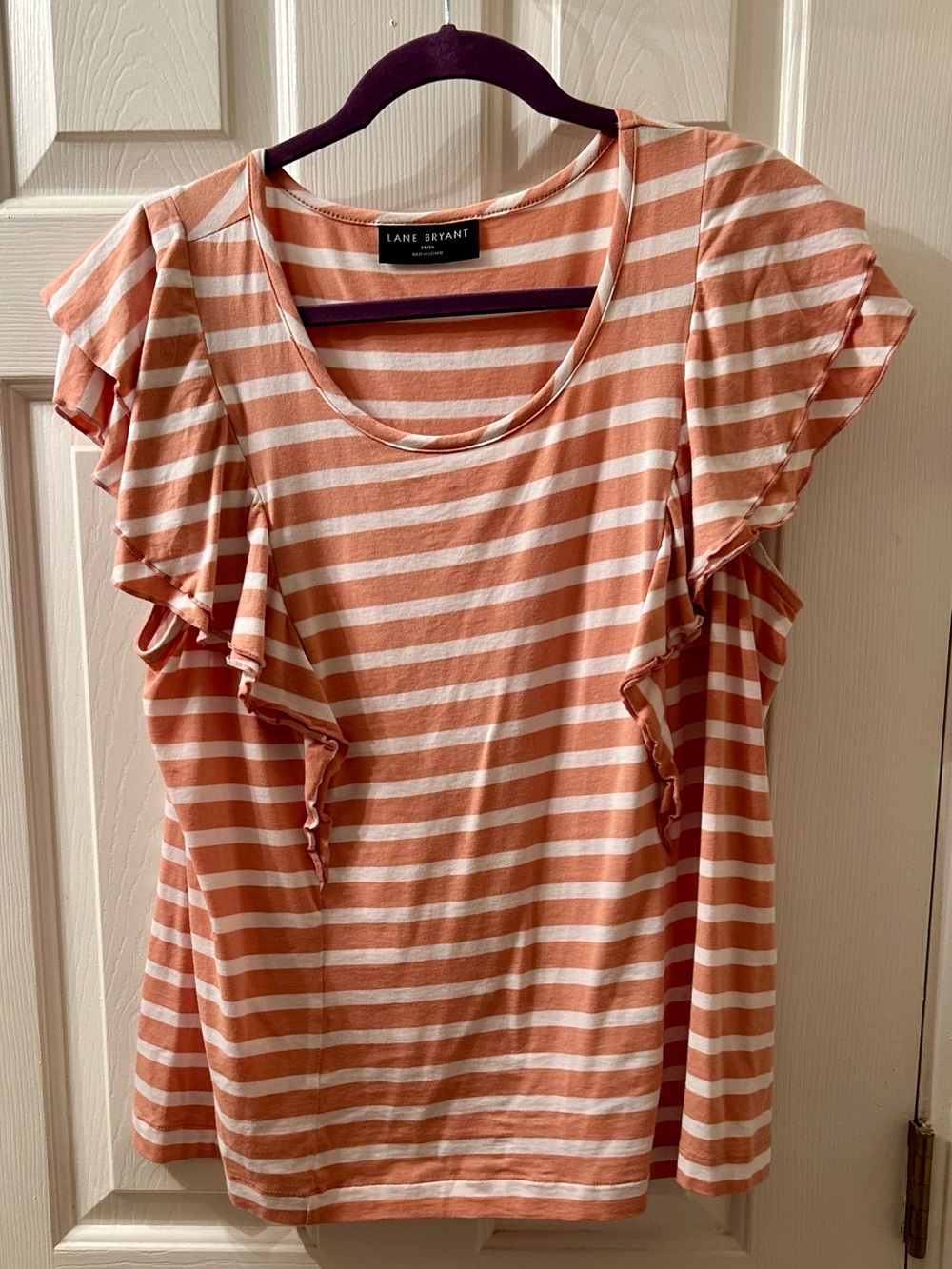 Lane Bryant Peach & White Ruffled Short Sleeve Stripe Tee